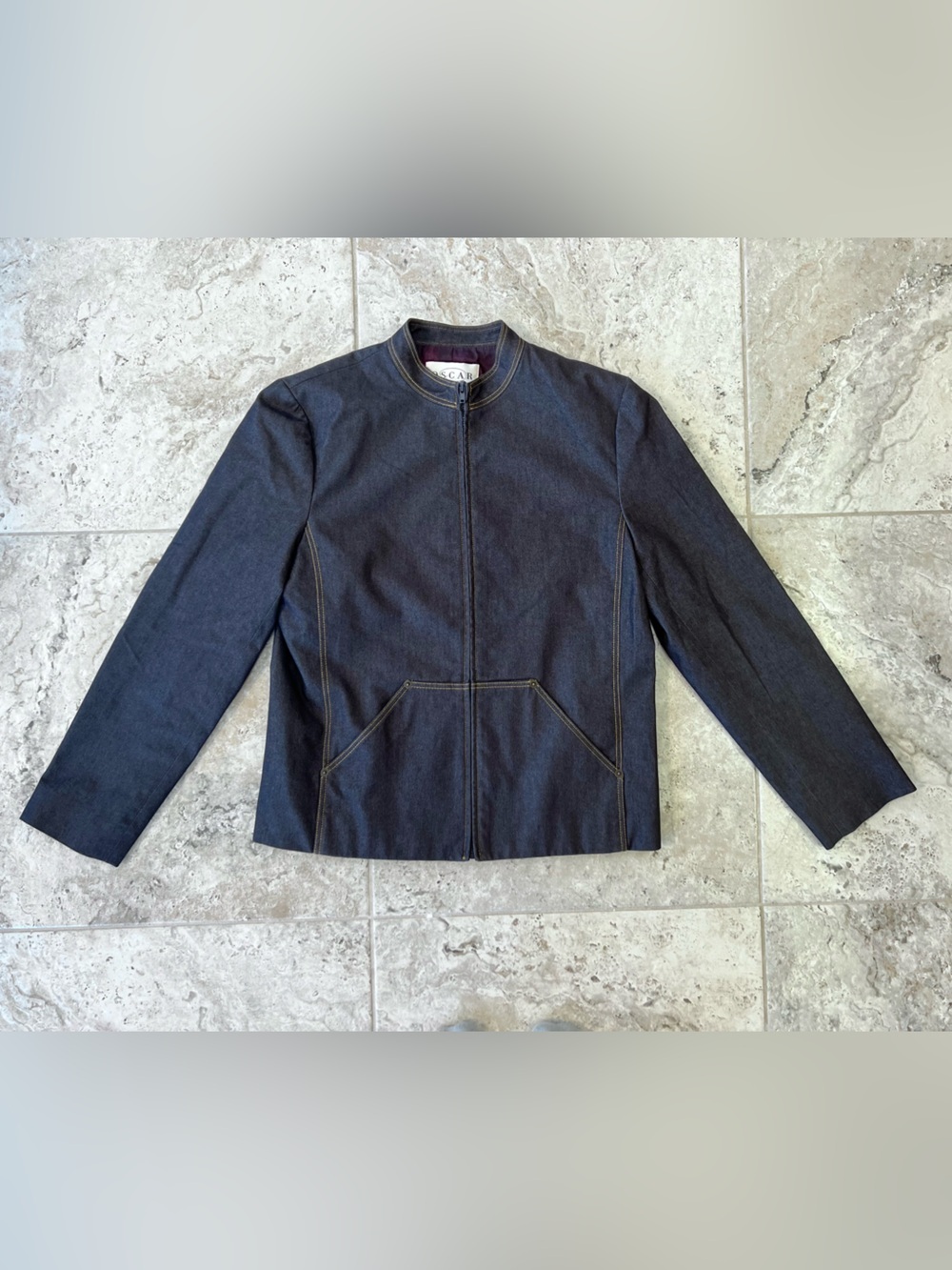 Oscar de la Renta Vintage Zip Front Dark Blue Denim Jacket Y2K-era, sz 4